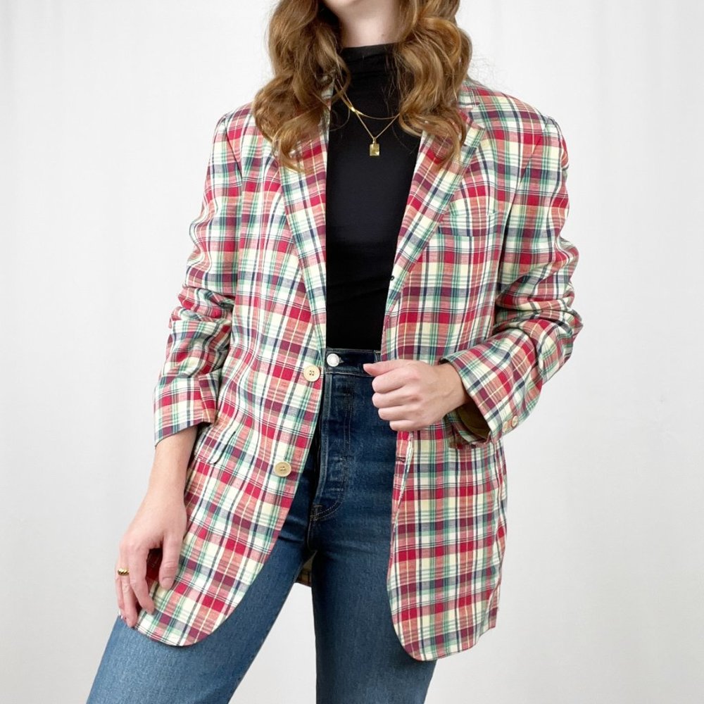 Vintage Union Made Oversized Long Plaid Check Blazer Jacket Coat Preppy Academia - Picture 1 of 9